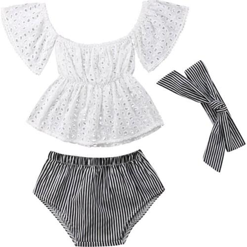 3pcs Toddler Baby Girl clothes set Lace hollow out short sleeve Top +Stripe Shorts +headband 3Pcs Outfits set clothes
