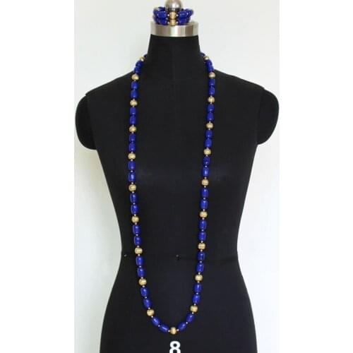 4UJewelry African Beads Jewelry Set For Men 50 Inches Nigerian Wedding Jewelry Latest Crystal Royal Blue and Gold