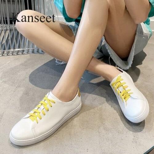 Kanseet Lace-Up Woman Flats Shoes 2021 Spring Autumn Genuien Leather Platform Round Toe Flat Casual Womens Sneakers Female Shoe