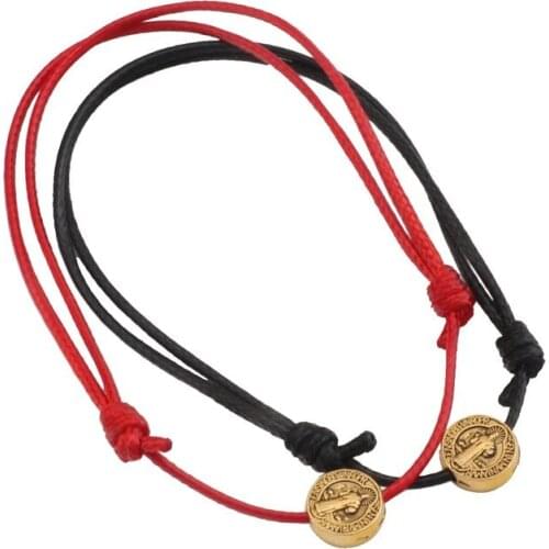 Hot ! 20Pcs Antique Gold Tone Saint Benedict Medal ON Adjustable Red Black Cord Wrist Diy Wax Rope Weave Bracelet B-336