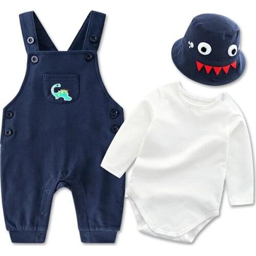 Baby boy Dinosaurs suit，Long Sleeve Sleeve+Tops+Fishermans hat+Overalls Casual Clothes