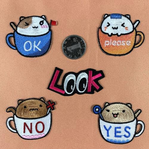 Cartoon Lovely Teacup cat Iron on Patches Clothing diy Alphabet cup LOOK Embroidered badges Applique Patchworks Free Delivery