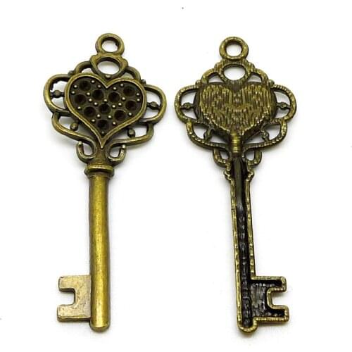 RONGQING 50pcs/lot Antique Bronze Lace Heart Key Charms 56x23mm Hand Made Accessories Jewelry Findings