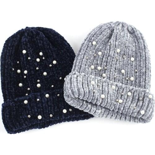 Female Beanie Winter Plain Crochet Pearls Casual Beanies Windproof Velour Thick Soft Skullies Hip Hop Hat Balavaca Bonnet Caps