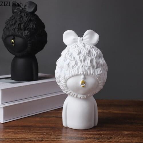 Bow-knot Girl Curly Hair Character Resins Portraits Sculpture Ornaments Living Room Decoration Statue Artwork Modern Home Decor
