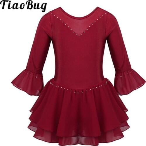 TiaoBug Kids Teens Flare Sleeves Shiny Rhinestones Mesh Splice Figure Skating Dress Girls Gymnastics Leotards Ballet Dance Wear