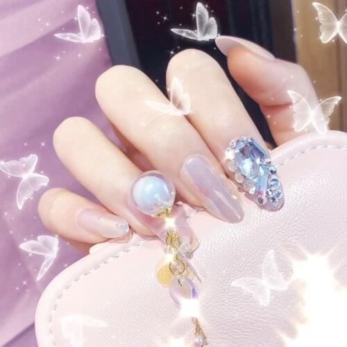 Princess style pure color with crystal ball 3d decorated fake nails lady full nail tips Bride false nails with glue Sailor moon