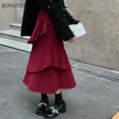 Skirts Women Solid Vintage Popular Empire Red Irregular Oversized Retro BF Lovely All-match Autumn Newly Loose Ulzzang Teenagers