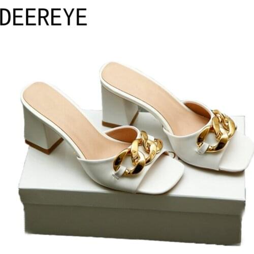 Women Slip On Slippers Mules Gold Chain 8CM Chunky Square High Heel Casual Sandals Shoes For Summer Outdoor Party Dress Fashion