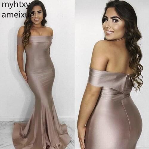 Boat Neck 2020 New Sexy Cheap Plus Size Evening Gown Dress For Women The Shoulder Mermaid Zipper Back Silk Satin Robe De Soiree