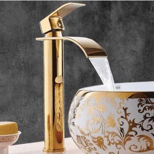 Golden Basin Faucet Waterfall Bathroom Faucet Single Handle Basin Faucet Bathtub Faucet Brass Sink Faucet Faucet