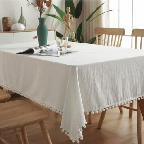 1pcs Solid White Color Home Hotel Party Desk Decoration Table Cloth with Plush Ball Rectangle Dining Tablecloth Drop Shipping