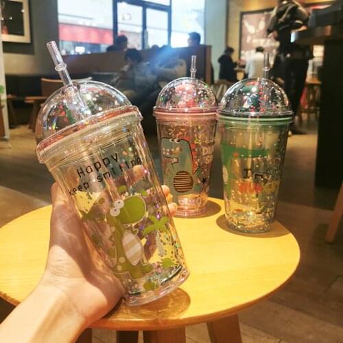 450ml Cartoon Dinosaur Double Plastic Cup Water Bottle for Girl Boy Kid Student Star Cute Portable Milk Juice Straw Space Cup