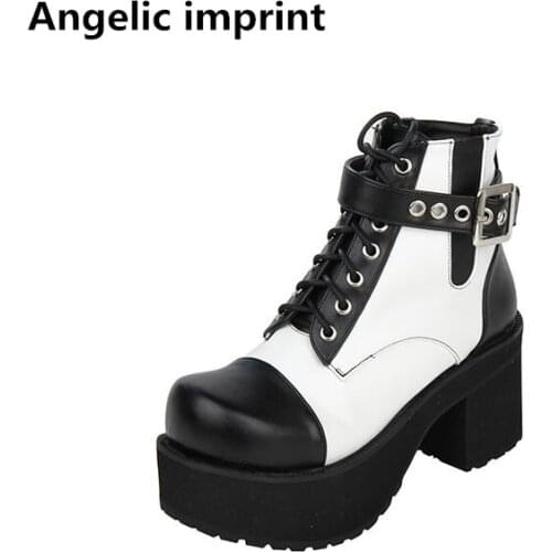 Angelic imprint Women punk motorcycle boots lady lolita waterproof ankle Boots woman thick trifle heel pumps platform shoes 8cm