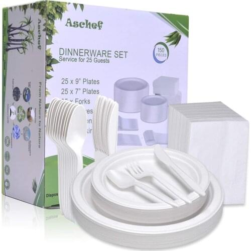 Biodegradable Disposable Plates Pack of 25 Tableware Set 150 Pieces Table Service for Birthday Party Camping