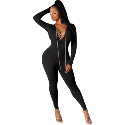 Cutubly Sexy Hollow Out Jumpsuit Solid Jumpsuits For Women Lace Up With Chain Long Sleeve V-Neck Rompers And Jumpsuit For Women