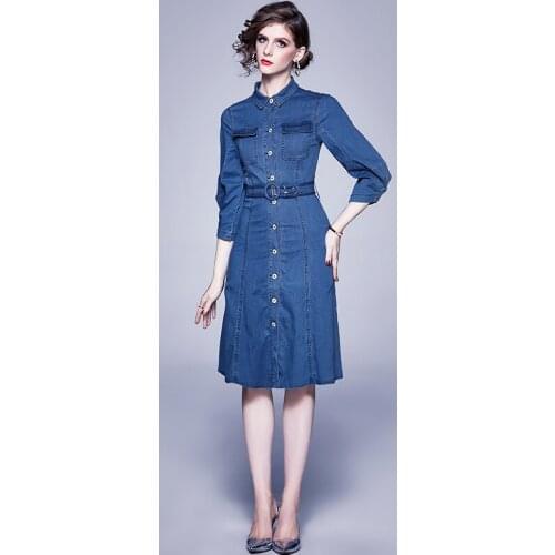JSXDHK Denim Dress High Quality Women Turn Down Collar Lantern Sleeve Bodycon Dress Summer Office OL Cowboy Shirt Dress Vestidos