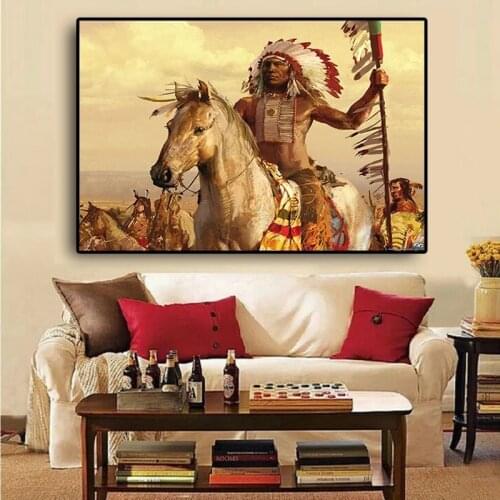 Horseback Indian indigenous retro style canvas painting modern Nordic style minimalist interior decoration art painting(No Frame