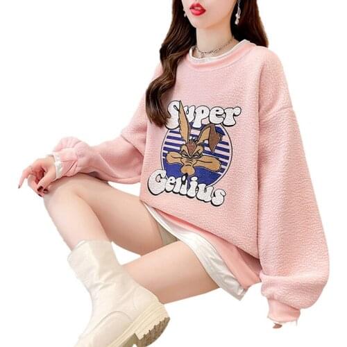 Cashmere Long Sleeve Autumn Winter Womens Loose Warm Round Neck Cartoon Print Cashmere Thick Clothes Girls Fashion Thermal Top