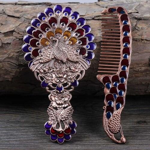 Creative Metal Handle Mirror European Classic Peacock Hand-held Folding Makeup Mirror comb set Birthday Valentines Day Gift