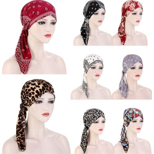 Muslim Hijab Cancer Chemo Floral Print Hat Turban Cap Cover Hair Loss Head Scarf Wrap Pre-Tied Headwear Womens Bandana Headscarf