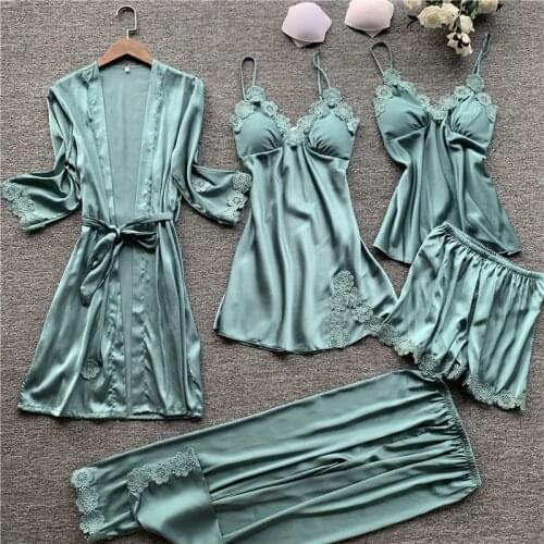 5 pieces silk pajamas sets women satin sleepwear robe pants autumn pijamas bathrobe sexy lingerie lace winter pyjamas