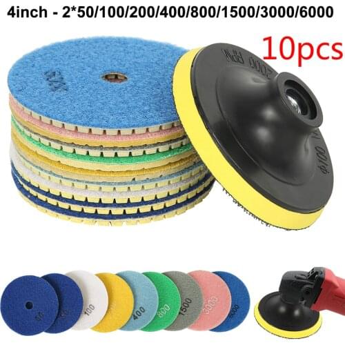 10Pcs 4Inc 100mm Diamond Polishing Pads Kit 50-6000 Grit Wet/Dry for Granite Stone Concrete Marble Polishing Grinding Discs Set
