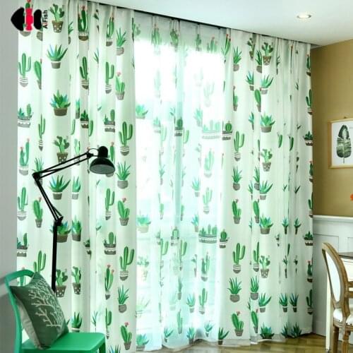 Nordic Style Green Cactus Pattern Curtains for Kids Boys Room Semi Sheer Voile Patio Sliding Glass Door Drapes