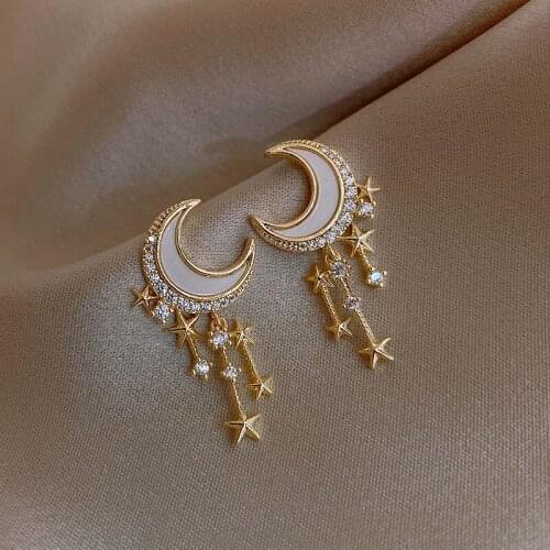 2021 New Trendy Moon Dangle Earrings for Women Temperament Pearl Cherry Cat Rhinestone Pendant Earring Girl Party Jewelry Gift