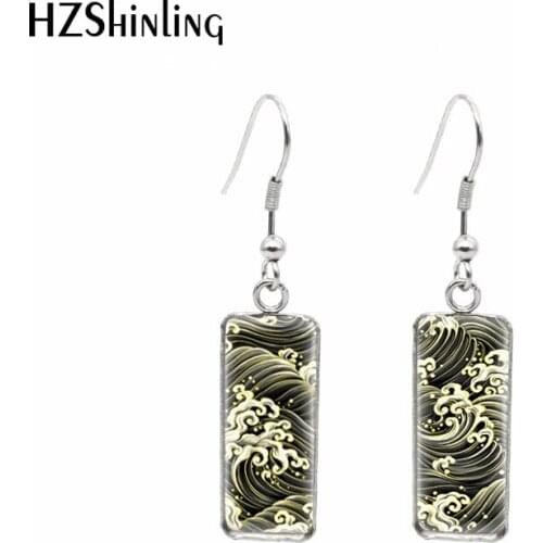 2021 New Japanese Style Pattern Rectangular Earring Art Photo Fish Hook Earrings Glass Cabochon Handmade Jewelry