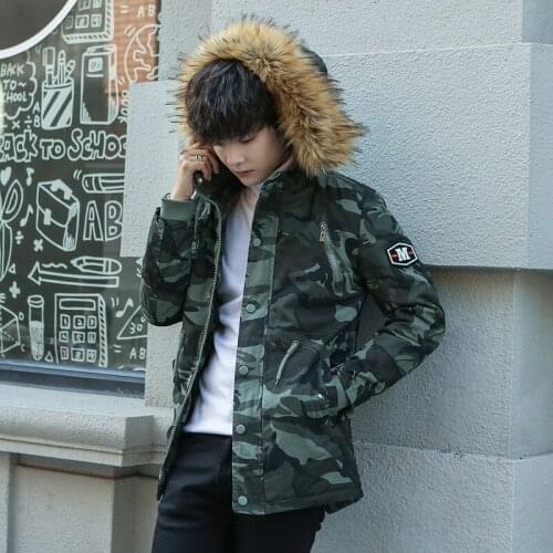 Cotton-padded Clothes Mens Mid-length Winter Camouflage Casual Jacket Washed Thick Trench Coat Fur Collar Hooded Cotton-padded