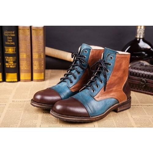 Autumn winter european style cowboy boots mens lace up military boots high top genuine leather work army shoes big size