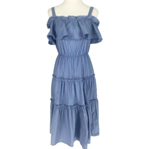 PERHAPS U Pink Blue White Spaghetti Strap Cold Shoulder A-line Ruffle Midi Dress Japanese Sweet Summer D0905