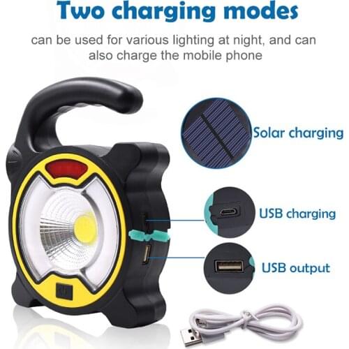 Portable Rechargeable COB LED Light with Hanging Hook Solar Powered Or USB Charging Camp Lighting for Hunting Fishing Emergency