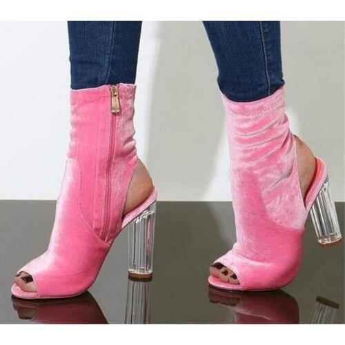 Pink Velvet Open Toe Transparent Chunky Heel Short Boots Slingbacks Cut-out Crystal Thick High Heel Ankle Booties Dress Shoes