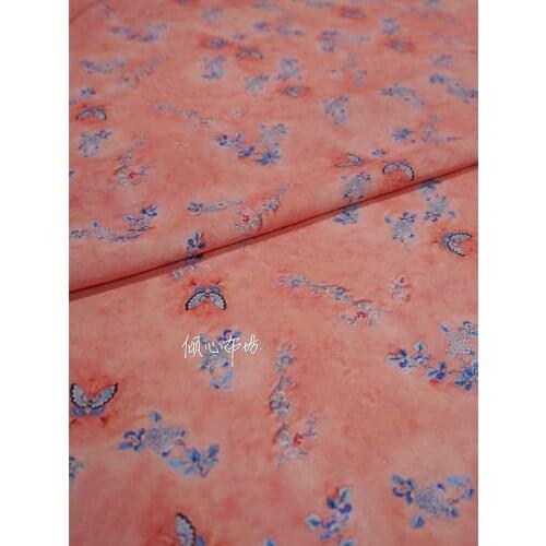 Twill cotton Twill cotton Little butterfly Peony PINK Satin silk fabric Satin de soie Satén шелк hanfu cloth DIY patchworkbag