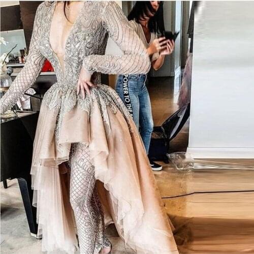 Chic Fashion Champagne Lace High Low Prom Dresses Full Sleeves Appliques Beaded Long 2 Pieces Prom Gowns