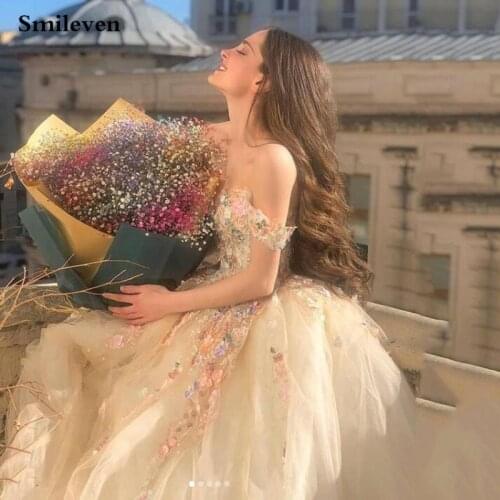 Smileven 2021 Champagne 3D Flowers A Line Prom Dress Ball Gown Off The Shoulder Evening Dress Tea Length Party Graduation Dress