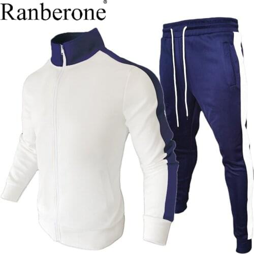 Ranberone 2 Piece Tracksuit Men Stand Up Collar Sweater Matching Jackets + Stripe Slim Casual Legging Sports Mens Sportswear