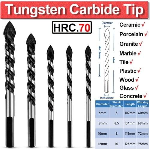 5Pc 6/8 10/12mm Drill Bits Multi-Material Tungsten Carbide Tip Tile Drill Bits for Porcelain Ceramic Wall Glass Mirrors Wood D30