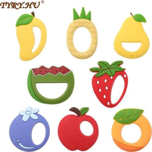 TYRY.HU 5pcs/lot Watermelon /Strawberry/Lemon/Apple Teether Fruit Silicone Beads Pacifier Clips Pendant For Babytooth Chew Toy
