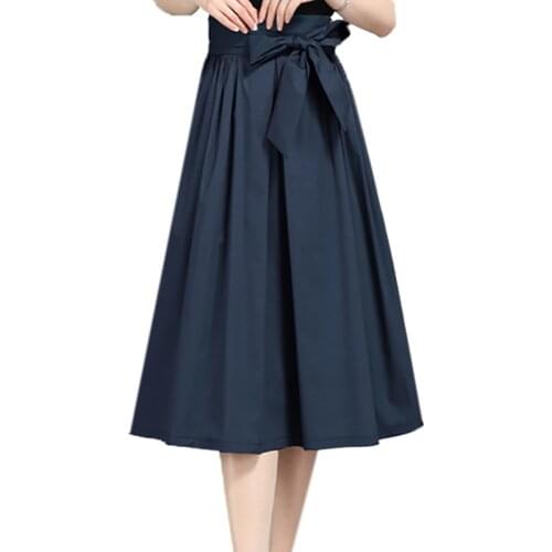 High Waist Skirts Womens Spring Fall Bow Pleated Skirts Cotton A-Line Skirt Lady Solid Color Pompong Skirt Elastic Waist Skirts