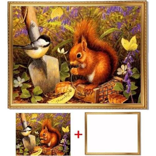 Framed Full Round Drill 5D DIY Diamond Painting Animal "Squirrel & Bird" Embroidery Cross Stitch Home Decor Gift