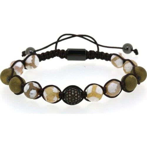 Earth Tone Tan Brown Beige Semi-precious Stone Bead Black Round Champagne CZ Zircon Charm Adjustable Macrame Bracelet For Man