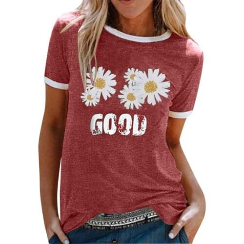 Women Summer Tshirt Top Letter Daisy Print Short-sleeved Patchwork T-shirt Fashion O Neck Tshirt Camiseta Mujer Verano #G3