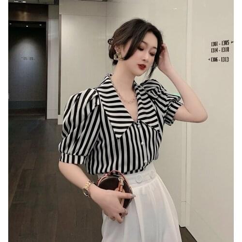 Vintage Striped Summer Blouse Women Korean Puff Short Sleeve Single Breasted Shirts Tops Retro Designer Streetwear 2021 C994