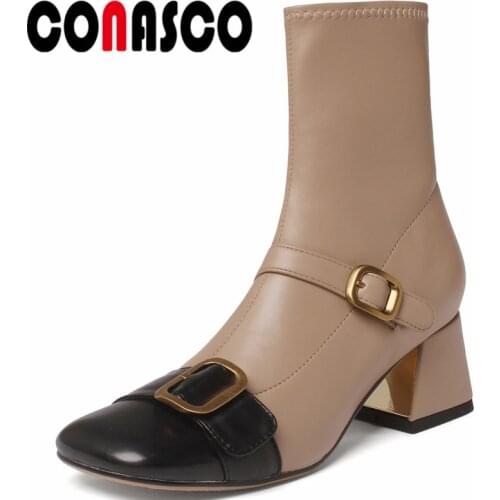 CONASCO Retro Desin Women Ankle Boots Autumn Winter Warm Party Cow Leather Wedding Party Basic Prom Office New Brand Shoes Woman