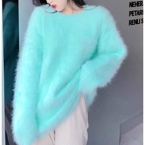 2021 New High Quality Women Soft Mohair Knitted Sweater Autumn Winter Long Sleeve Mink Cashmere Thick Warm Loose Jumper Pullover