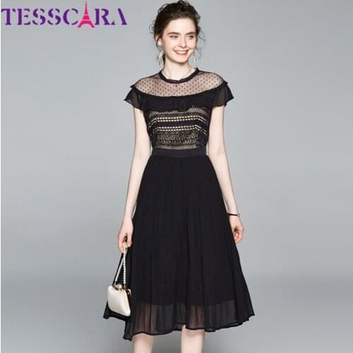 TESSCARA Women Summer Elegant Lace Dress Festa High Quality Vintage Pleated Party Robe Femme Designer Short-sleeved Vestidos