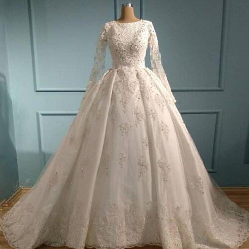 White Lace Muslim Wedding Dresses Crystals Beaded Sheer Long Sleeves A Line Bridal Gowns Saudi Arabia Vestido De Novia 2021-2022